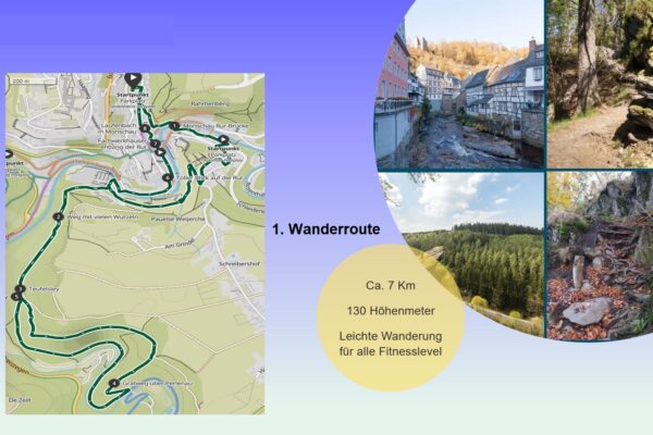 Wanderroute in Monschau. 130 Höhenmeter, 7 KM lang. Vier Bilder auf der rechten Seite mit Monschau Innenstadt, Blick vom Aussichtspunkt und 2 Routen durch den Wald mit Felsen