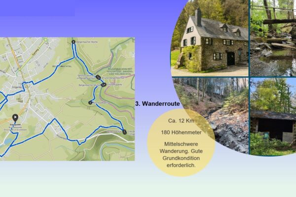 Wanderroute in Monschau Ca. 12Km 180 Höhenmeter 4 Bilder auf der rechten Seite von Monschau. Ein Kleiner Bach durch Monschau und Routen mit Felsen und Wälder und zwei Häusschen